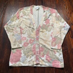 Vintage Gabriella T Cardigan Women L Multicolor Floral Cotton Linen Italy Made